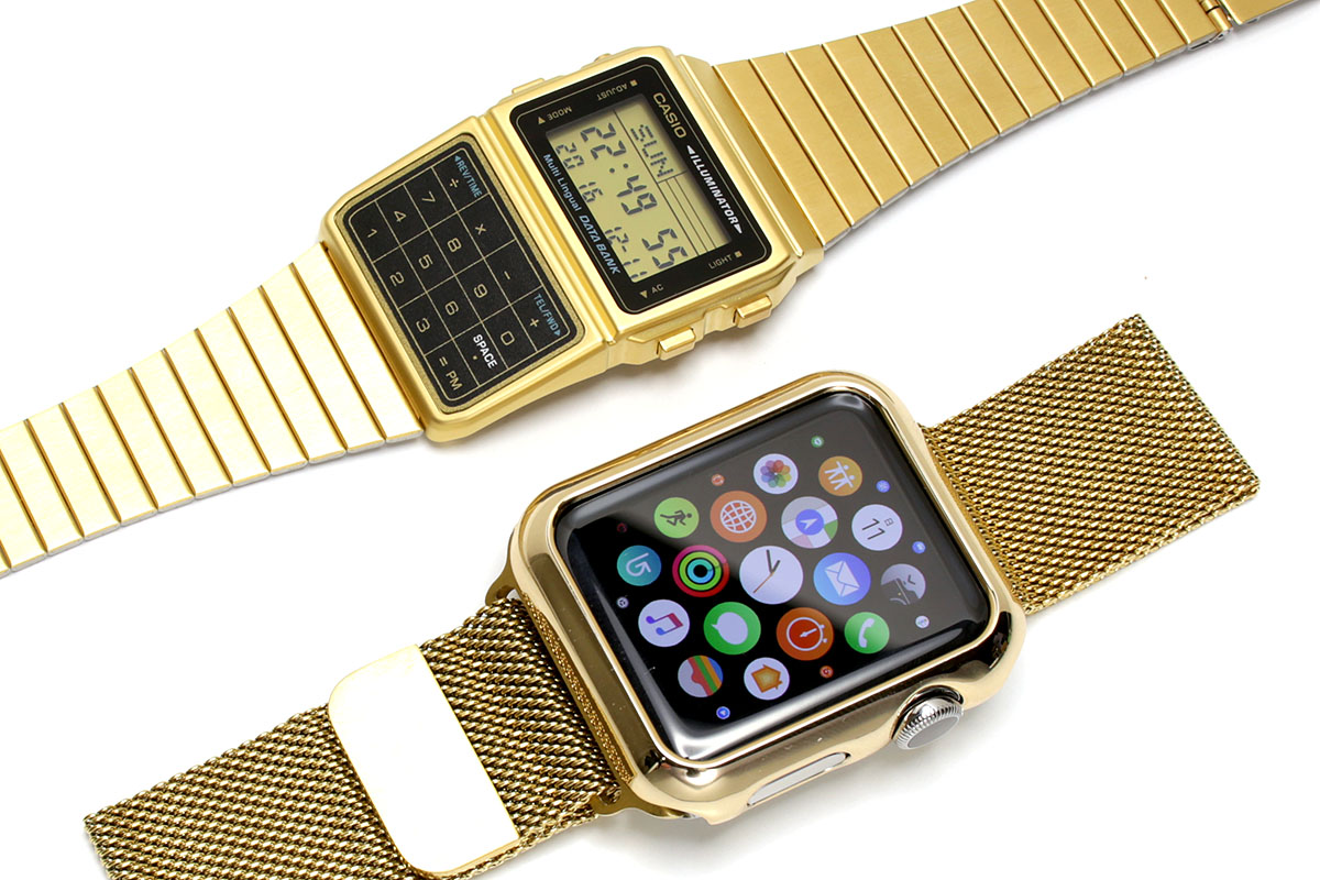 計3399円で買った2つのパーツをApple Watchに装着したら、こうなりました。まあまあです。まあまあ。わりと予想の範囲内でした。カシオの黄金のデータバンクと比べちゃうと、まだまだ工夫の余地が残されまくりかもしれません。