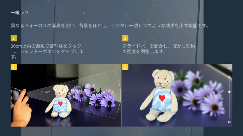 背景をぼかし加工できる「一眼レフモード」