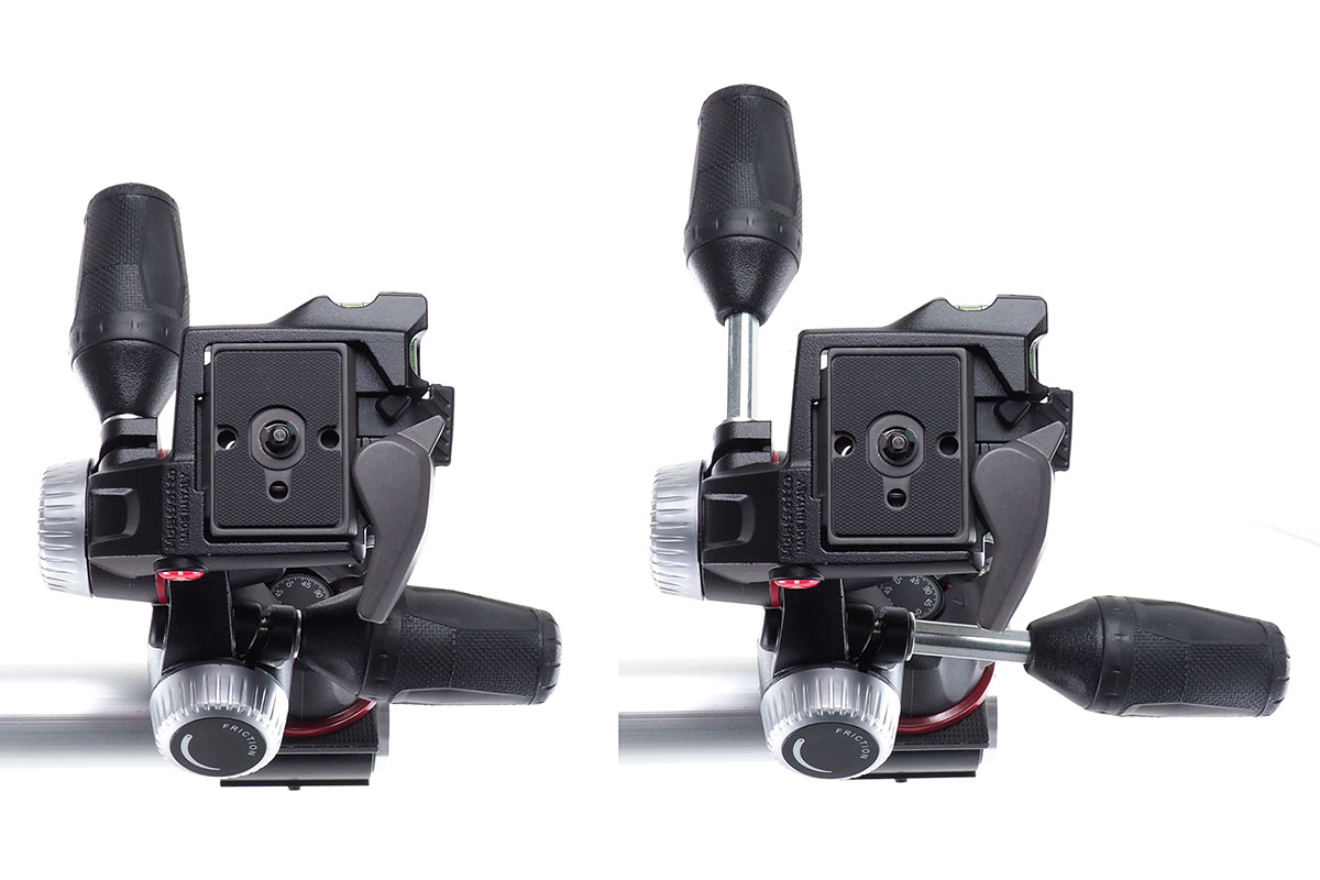 丸いノブを回すと「フリクション」が機能し、ハンドルを緩めたときの関節の動きの滑らかさ・硬さを変化させられます。ハンドルは伸縮式で、移動時などは縮めてコンパクトにできます。