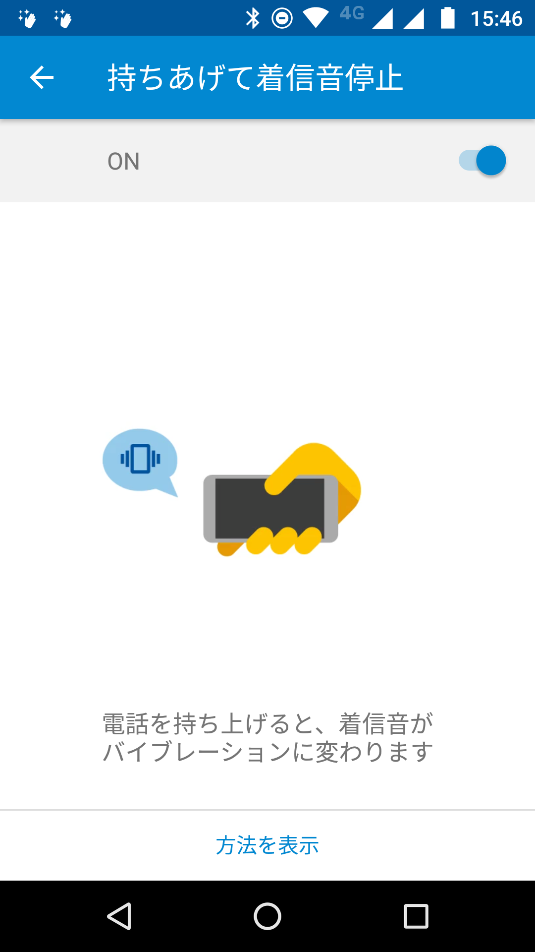 電話がかかってきたとき、端末を持ち上げると、着信音がバイブレーションに切り替わる機能。これもなかなか便利。