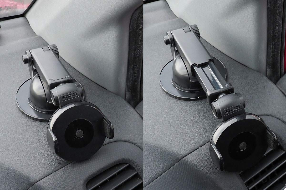 車内に取り付けた様子。伸縮アームは、伸ばした位置でネジによりシッカリと固定できます。ホルダー部はギアで自由に回転し、端末を斜め向きにすることも可能。ホルダー部の関節により、端末向きの微調整もできます。