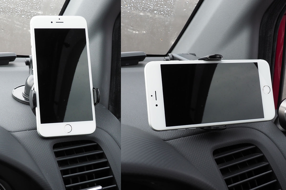 車内に取り付けた様子。伸縮アームは、伸ばした位置でネジによりシッカリと固定できます。ホルダー部はギアで自由に回転し、端末を斜め向きにすることも可能。ホルダー部の関節により、端末向きの微調整もできます。