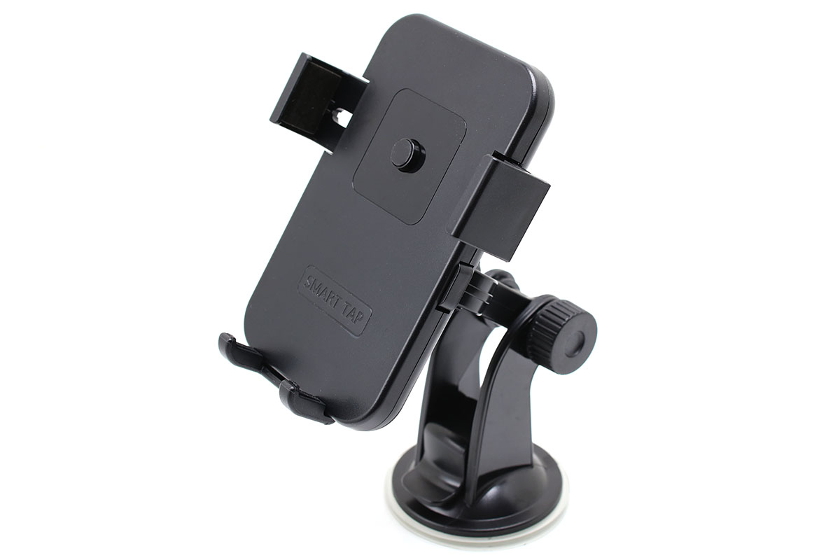 サンワダイレクトの「iPhone 7 Plus/6s Plus・スマートフォン車載ホルダー 200-CAR036」。粘着吸盤式のホルダーで、2箇所に関節がある短いアーム式です。