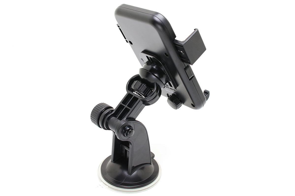 サンワダイレクトの「iPhone 7 Plus/6s Plus・スマートフォン車載ホルダー 200-CAR036」。粘着吸盤式のホルダーで、2箇所に関節がある短いアーム式です。