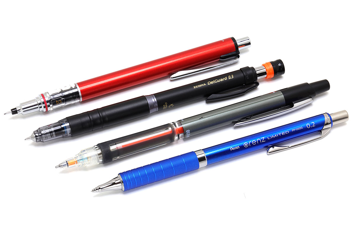 折れにくいシャーペン各種。どのシャーペンも、ペン先に「芯を折らないためのテクノロジー」が詰め込まれています。今時のシャーペンはデザインや素材質感演出も秀逸ですネ。