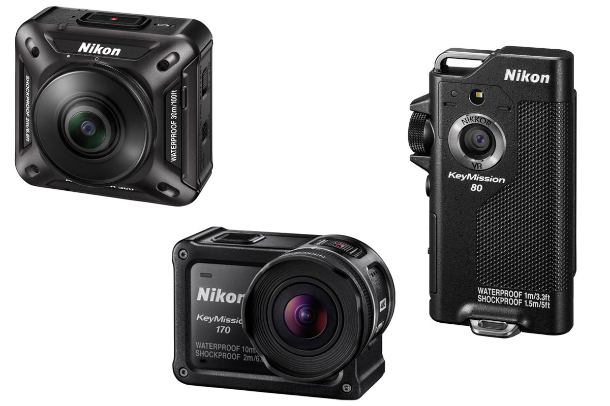 左がニコンのアクションカメラ「KeyMission」シリーズ。中央はソニーのアクションメラ「アクションカム HDR-AS300/AS300R」、右はリコーの全天球カメラ「RICOH THETA S」。※画像は各メーカーサイトより抜粋。