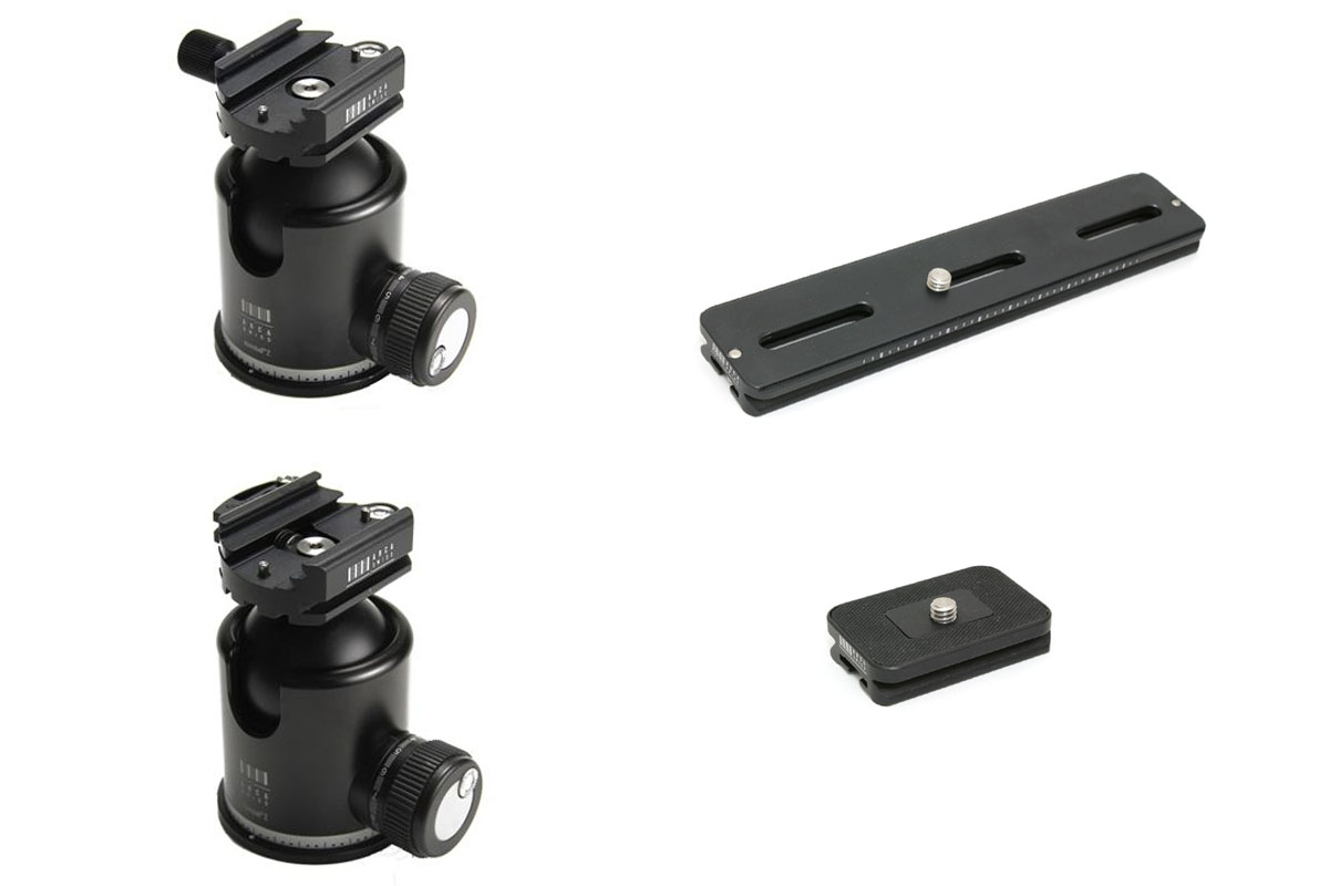 アルカスイス製雲台各種。左は定番と言われているボール雲台「Z1-R」シリーズで、横に見えるのがカメラ側に装着するプレートです。右は「ARCA-SWISS D4ギアヘッド」と「ARCA-SWISSモノボールZ2＋クイック」。※画像はメーカーウェブサイトより抜粋。