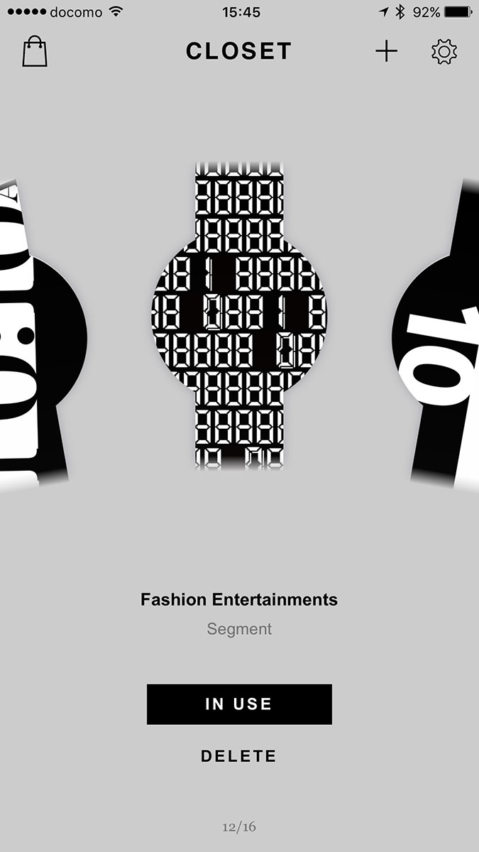 アプリ内の「CLOSET」では、アプリにダウンロードしたり自作したりしたデザインを見ることができます。腕時計に転送されたデザインは、腕時計のボタンを押すことで手軽に切り換えられます。