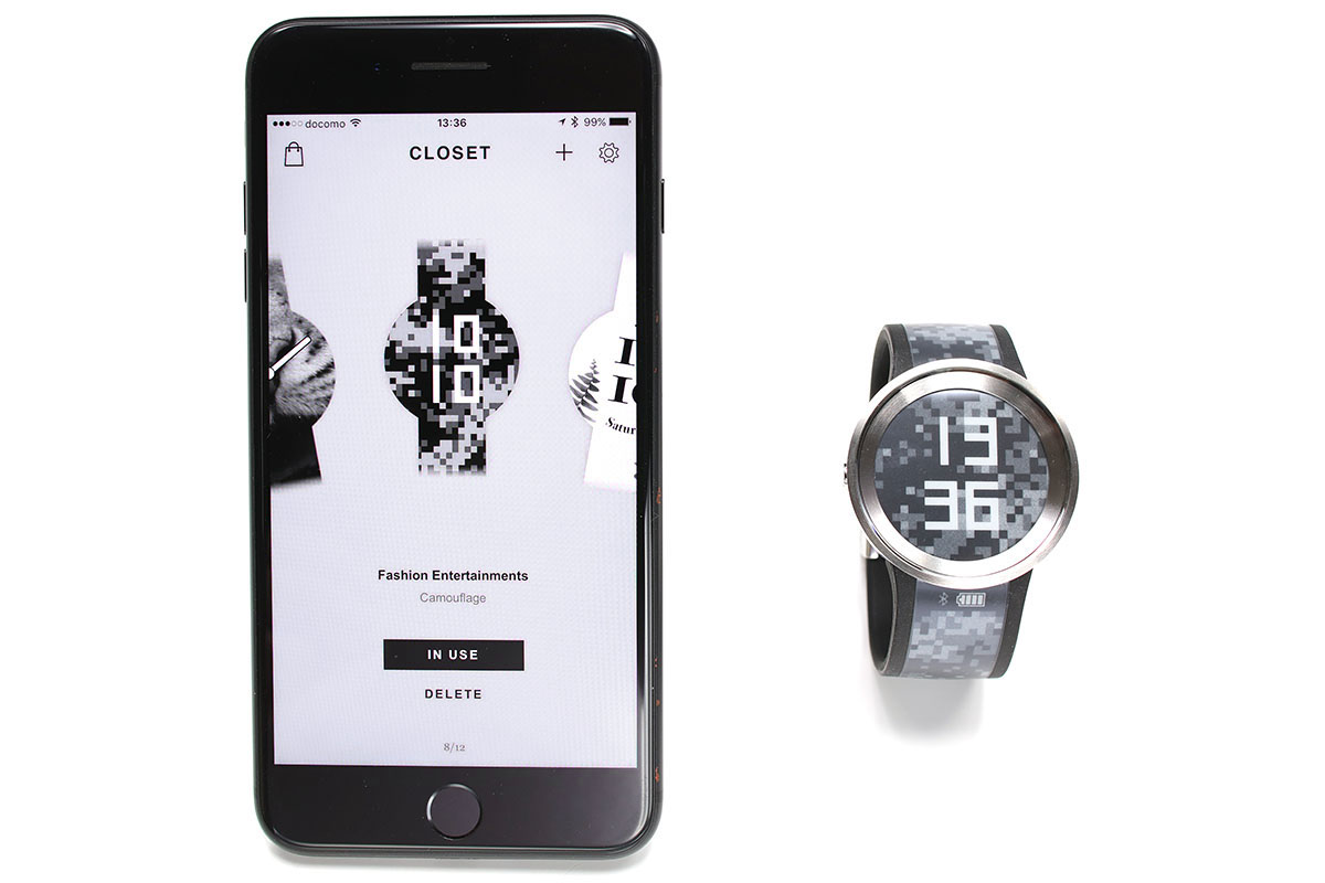 アプリ内の「CLOSET」では、アプリにダウンロードしたり自作したりしたデザインを見ることができます。腕時計に転送されたデザインは、腕時計のボタンを押すことで手軽に切り換えられます。