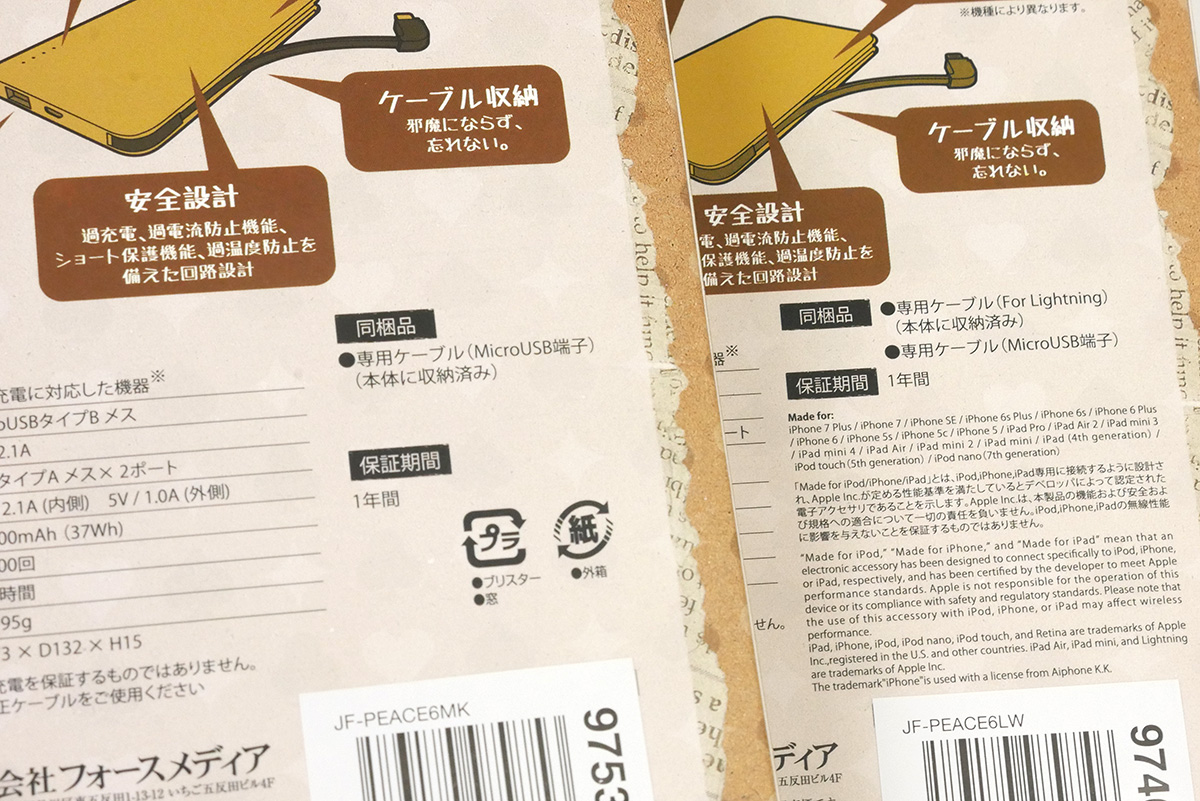 同梱ケーブルがmicroUSBのみ（左）と、microUSB＋Lightningの2本入りタイプの2種類がある