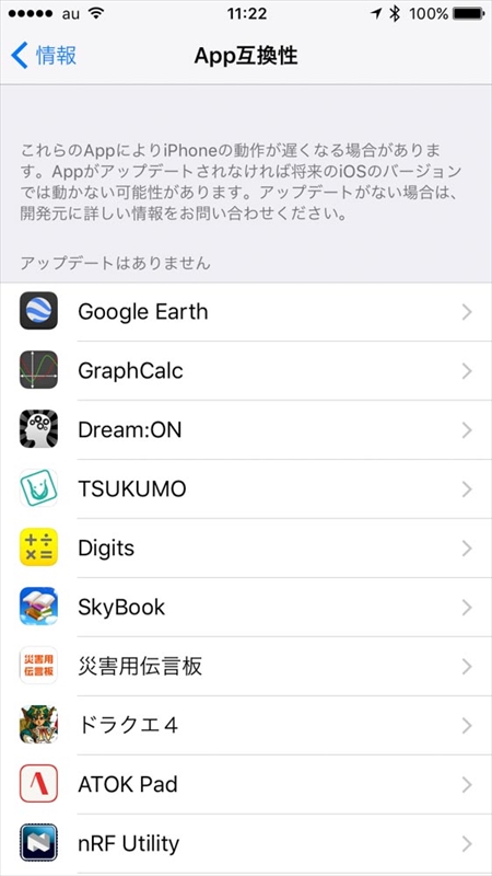 アップデートされていないアプリの「App互換性」リスト。古いアプリが並んでいる