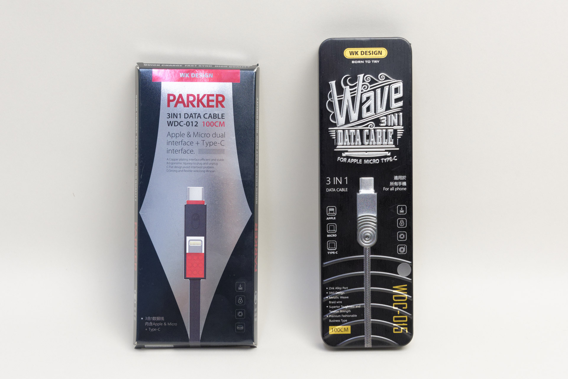 製品名は左が「PARKER 3IN1 DATA CABLE WDC-012」、右が「Wave 3in1 DATA CABLE WDC-015」。どちらも長さは100cm