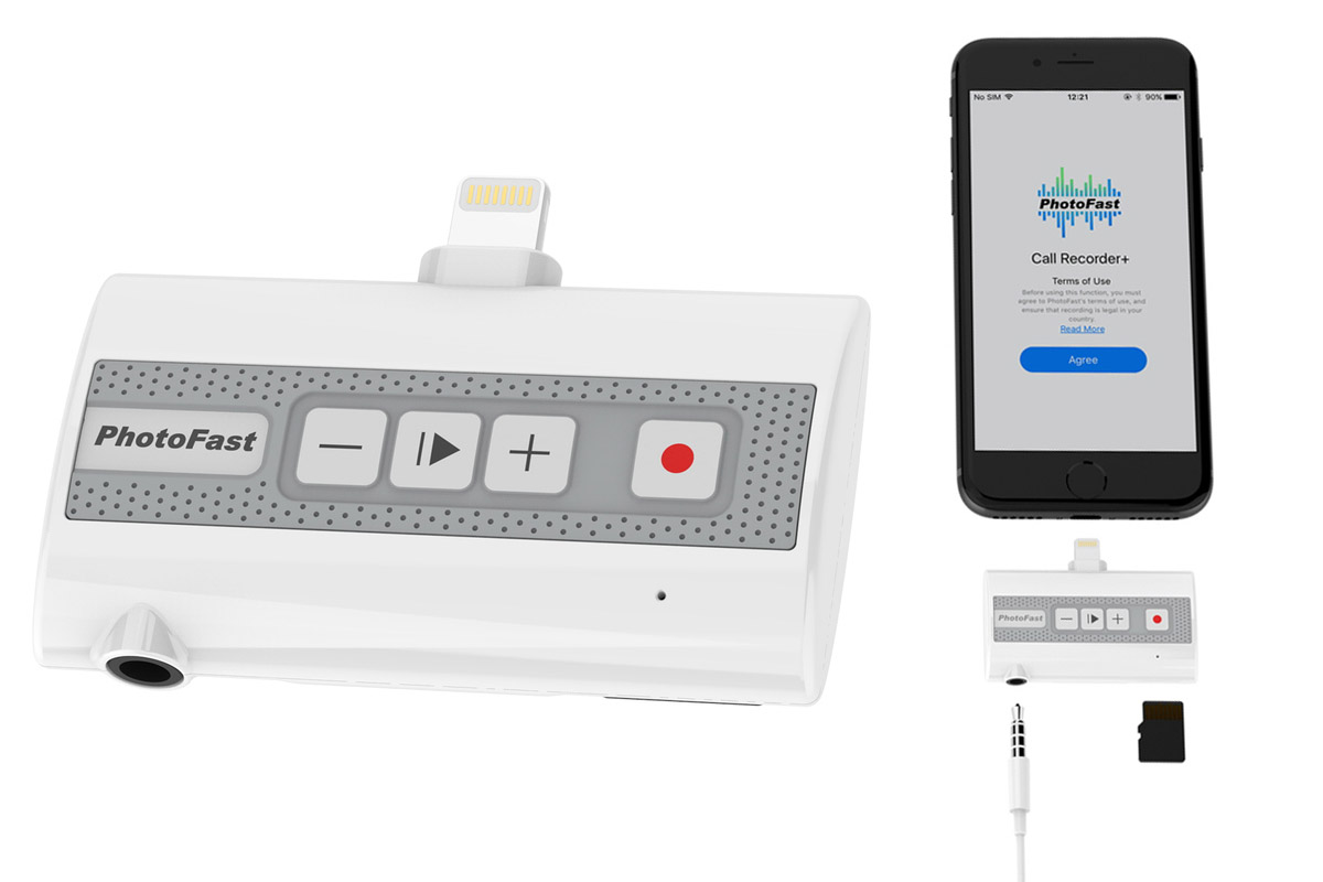 PhotoFastの「Call Recorder」。Lightningコネクター搭載のiOS端末に対応する通話録音機能付きアダプターで、通話録音機能のほかにカードリーダー機能なども搭載しています。通話録音のためにはマイク付きイヤホン（3.5mmイヤホンジャック）が必要。サイズは約横54×縦39×厚さ11mmで、質量は約11g。※画像は国内販売元リンクスインターナショナルのウェブサイトより抜粋。
