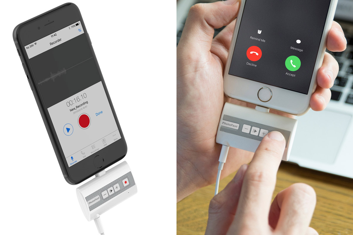 PhotoFastの「Call Recorder」。Lightningコネクター搭載のiOS端末に対応する通話録音機能付きアダプターで、通話録音機能のほかにカードリーダー機能なども搭載しています。通話録音のためにはマイク付きイヤホン（3.5mmイヤホンジャック）が必要。サイズは約横54×縦39×厚さ11mmで、質量は約11g。※画像は国内販売元リンクスインターナショナルのウェブサイトより抜粋。