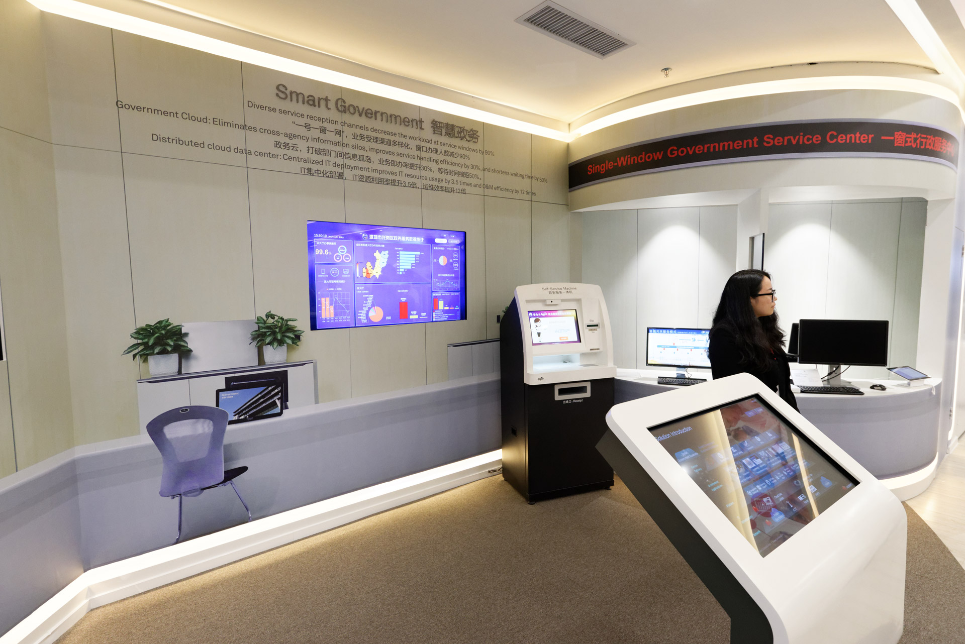 スマートガバメント。官公庁における手続きをクラウドサービス化して効率化する取り組み。中国では小学校の入学手続きする際に5つの異なる機関で個別に手続きが必要だが、これによりまとめて手続きが可能になる。実際に導入したある自治体では、年間1000万元のコスト削減効果と80％の手続きスピードの改善が図られたという