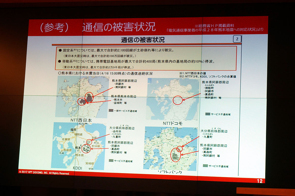 熊本地震でのサービスエリアの影響を示した総務省の資料。auやソフトバンクと比べ、ドコモはごく限られたエリアに被害を抑えていることがわかる