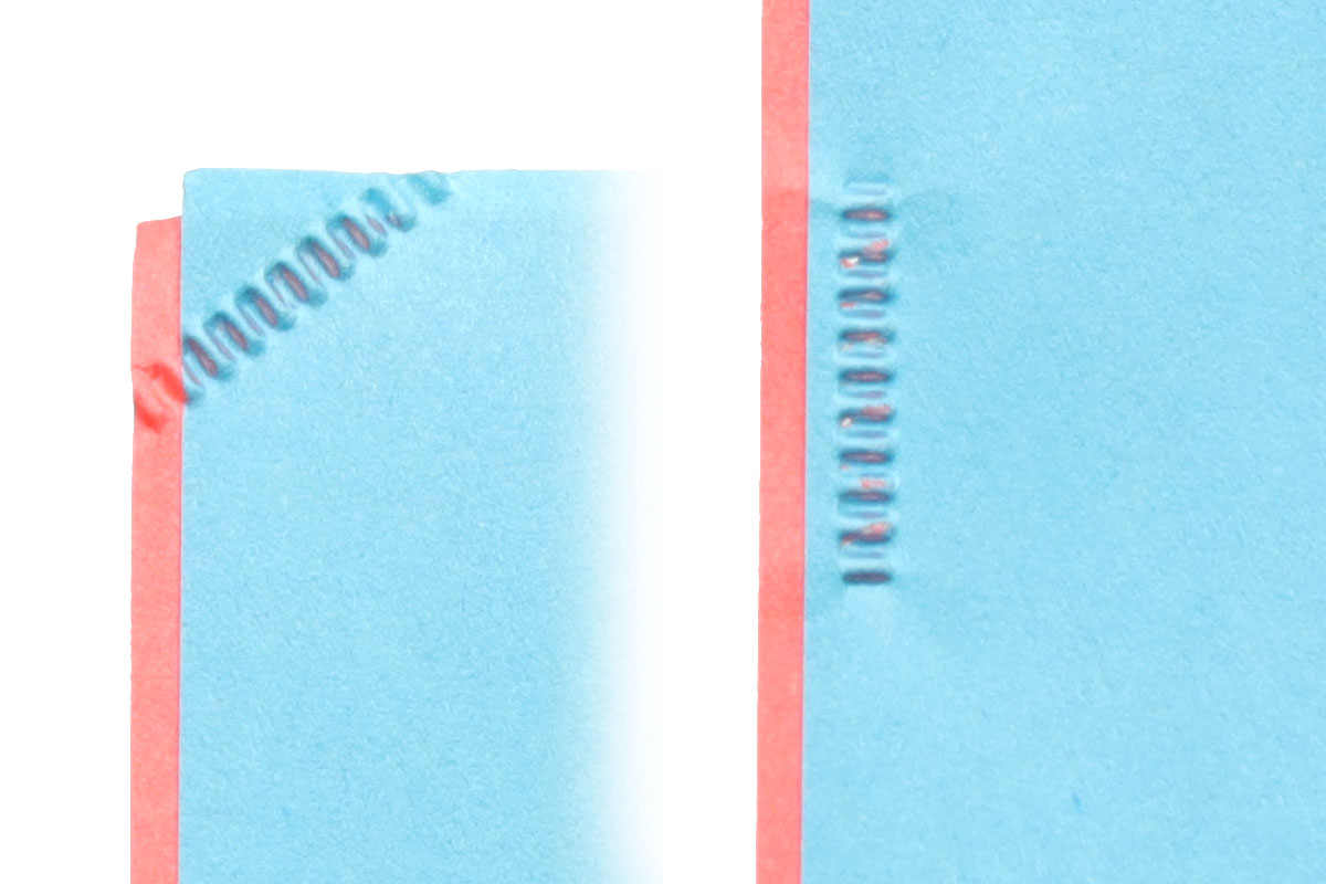 ハンドルを握ると、紙の角や辺のあたりにギザギザ模様が。このギザギザにより紙が綴じられます。1箇所だけだと剥がれたり破れたりしやすいので、紙の辺を複数箇所プレスするのがいいでしょう。