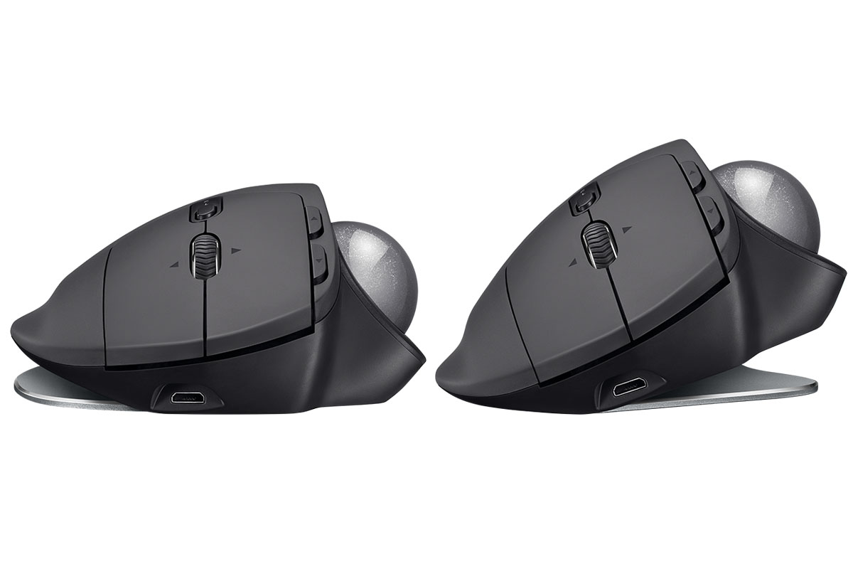 多ボタンのトラックボールで、ホイール手前にあるのがペアリング相手を変えるEasy-Switchボタン、ボールの上手前にあるのがポインタ移動速度を変えるプレシジョンモードボタンです。本体は左右方向の傾きを2段階に変えられます。