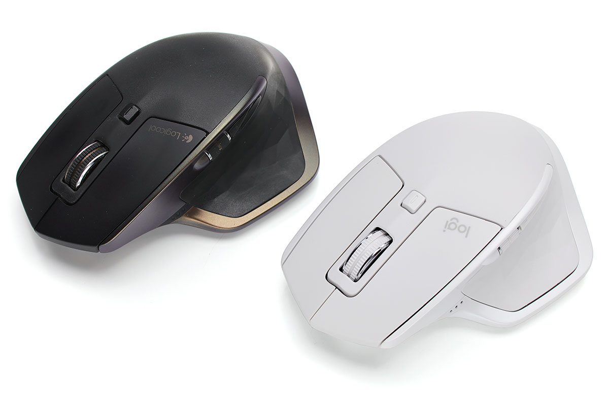 黒いのが旧ハイエンドマウス「MX Master（型番:MX2000）」で、白いのが新ハイエンドマウス「MX MASTER 2S」。カラーやロゴなどは違いますが、形状やボタン数などはほぼ同じで、ハードウェアとしてそっくりです。手にした感じもそう。純粋にマウスとしての使用感は「同じ」という印象です。