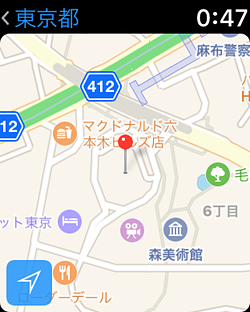 小さいながらも地図が表示される。デジタルクラウンを回すと、拡大／縮小が可能