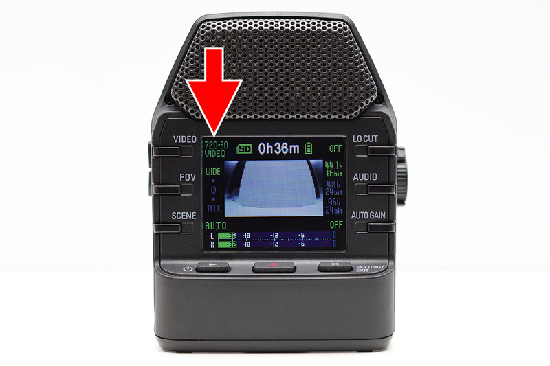 撮影スタンバイ状態の画面表示。ビデオの録画設定を変えたい場合、左上の「VIDEO」ボタンを押します。押すたびに録画モードが変わります。