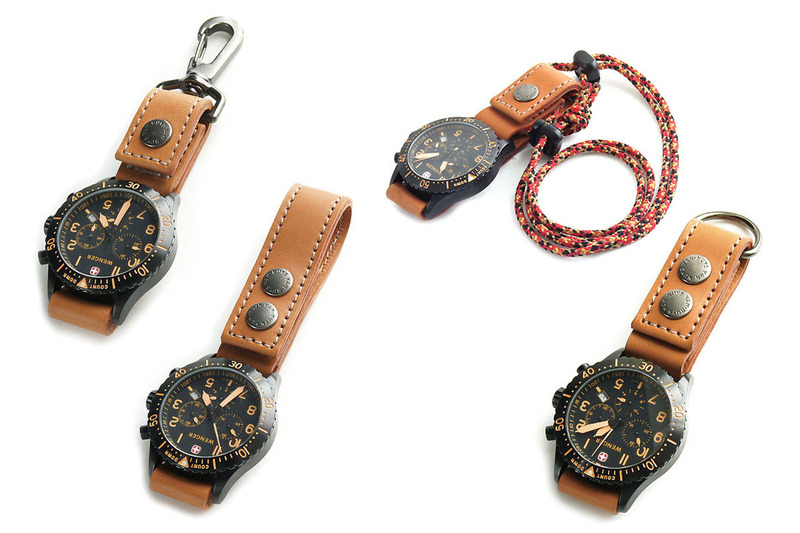 バンナイズの「ベルトに付けたりバッグに吊るせるぬめ革の時計ホルダー」×4種。左写真が4種並べたもので、左側からType-A、Type-B、Type-C、Type-Dです。どれもぬめ革と金具でつくられた腕時計ホルダーで、ぬめ革の色はキャメルとブラックがあります。また、それぞれに対応バンド幅（ラグ幅）別に20mmと22mmの2タイプがあり、Type-Cの紐の色は9種類から選べます。価格は税別2900円～3500円。※写真はメーカーサイトより抜粋/ホルダーに時計は付属しません。