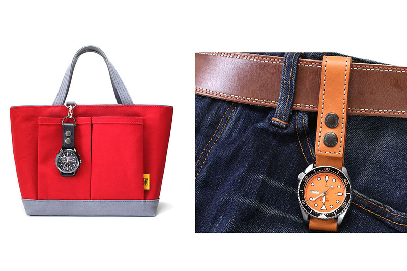 バンナイズの「ベルトに付けたりバッグに吊るせるぬめ革の時計ホルダー」×4種。左写真が4種並べたもので、左側からType-A、Type-B、Type-C、Type-Dです。どれもぬめ革と金具でつくられた腕時計ホルダーで、ぬめ革の色はキャメルとブラックがあります。また、それぞれに対応バンド幅（ラグ幅）別に20mmと22mmの2タイプがあり、Type-Cの紐の色は9種類から選べます。価格は税別2900円～3500円。※写真はメーカーサイトより抜粋/ホルダーに時計は付属しません。