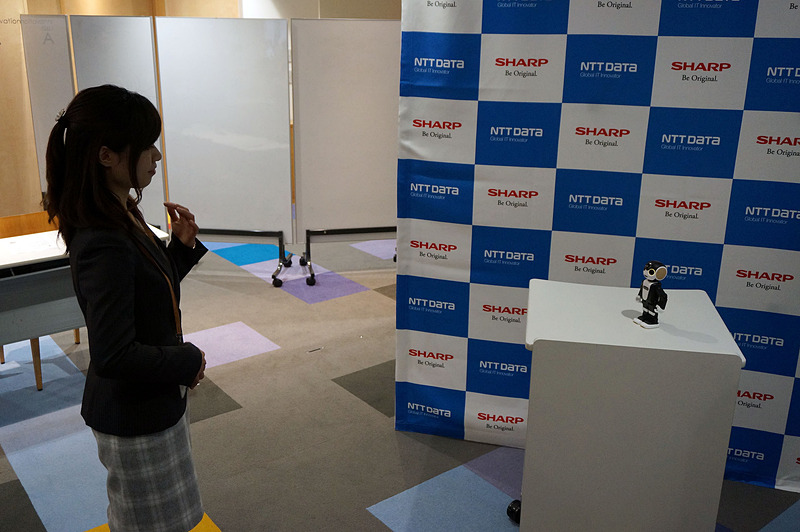 ロボホンの前に立って手話