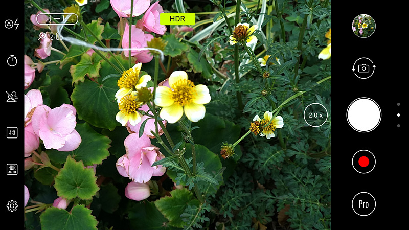 カメラUI。右のボタンでデジタルズームの倍率切り替えに対応（1倍/2倍/5倍）