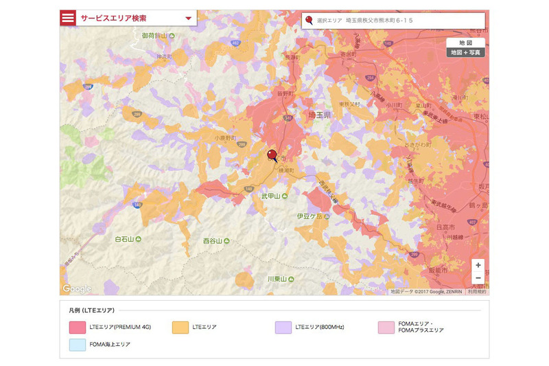 2017年11月5日時点のNTTドコモサービスエリア。埼玉県秩父市周辺ですが、LTEも3Gも含めると広い範囲をカバーしています。※マップはNTTドコモWebサイトより抜粋。