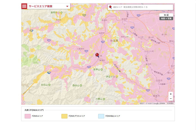 こちらは3Gエリア（FOMAエリア）のみ表示したもの。「NichePhone-S」では黄色で示されたエリアは圏外となってしまいます。※マップはNTTドコモWebサイトより抜粋。