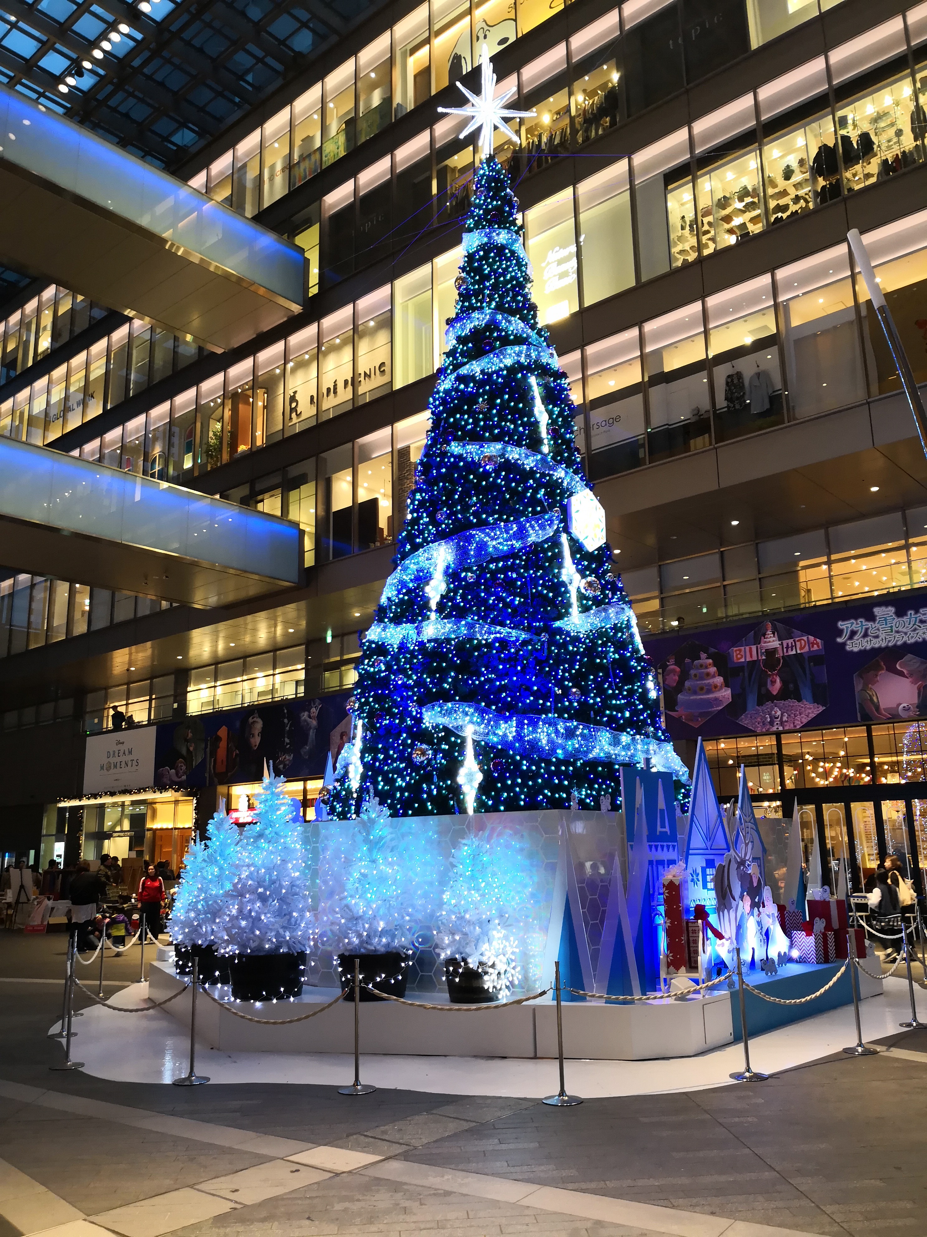 夜景と認識されたクリスマスツリーの画面。背景の建物の明かりも含め、色のバランスが崩れることなく、美しく撮影できている