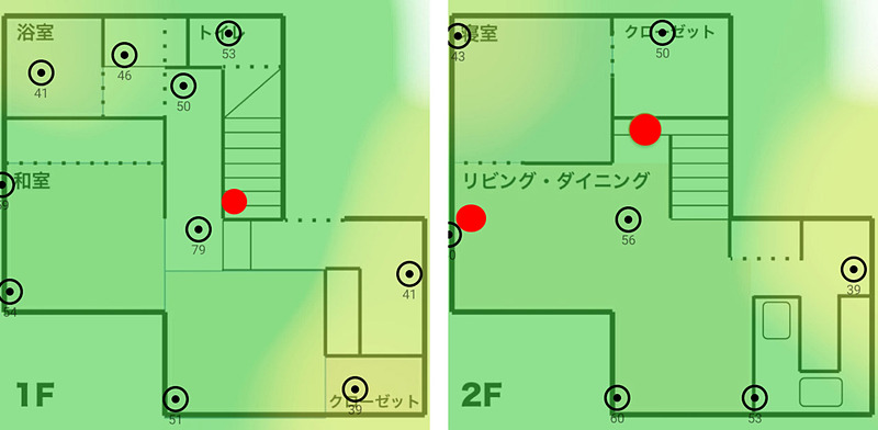 スマートフォンアプリ「Wi-Fiミレル」でDeco M5の電波の強さを計測してみた。1階も2階もまんべんなく届いていることがわかる（赤点がルーターの設置場所）