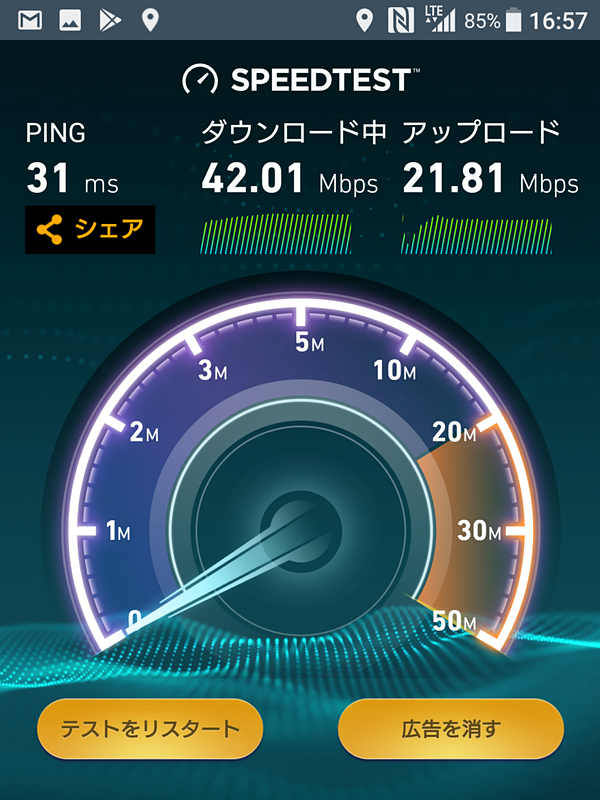 スピードテストの結果。左から、nuroモバイル「プレミアム帯域オプション」あり、nuroモバイルの通常契約、NTTドコモ（spモード）。計測アプリは「SPEEDTEST.NET」（Ookla）