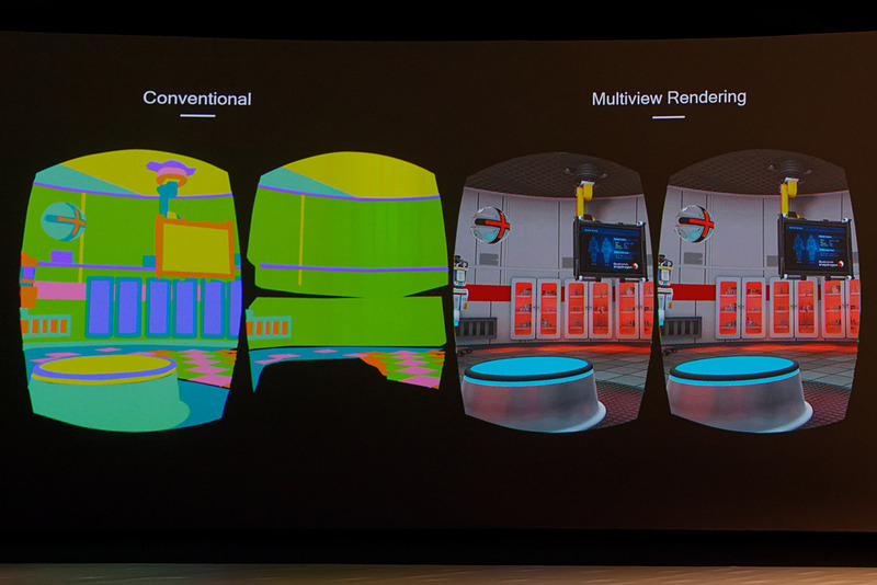「マルチビューレンダリング」（右）では、従来よりも圧倒的に高速に2画面分のレンダリングが完了する