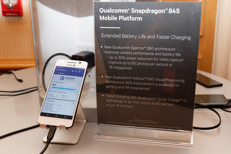 Snapdragon 845はQuick Charge 4/4+をサポートし、15分間で0％から50％まで充電できる。Quick Charge 4はUSB PD（Power Delivery）との互換性をもつ