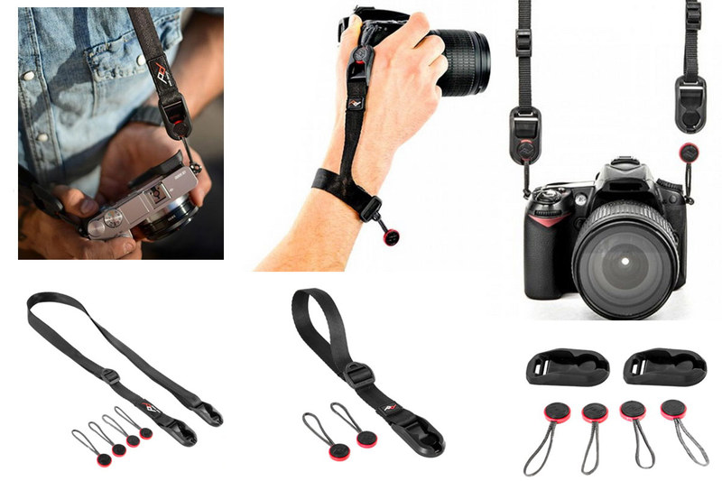 Peak Design製ストラップ類の使用例。写真のものはどれも旧製品になってしまいましたが、用途に応じてストラップを交換できるのは非常に便利。不使用時はストラップを外しておくこともできます。1本のストラップを複数台のカメラで流用することも容易。左写真にあるように、いくつかのストラップには「容易に長さを調節できる機構」が搭載されていて、これもスムーズに使えて実用的です。