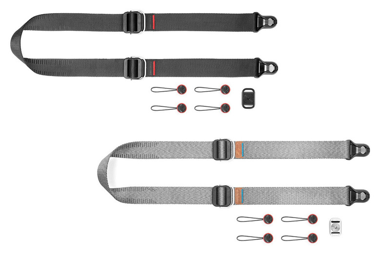 幅19mmのストラップ「SLIDE LITE」。アッシュとブラックがあります。アンカー×4個と、カメラ底部にアンカーを取り付けるためのマウントなどが付属しています。より幅広の「SLIDE」と比べると、ミラーレスカメラには「SLIDE LITE」のほうが向いていて、軽快な使用感です。