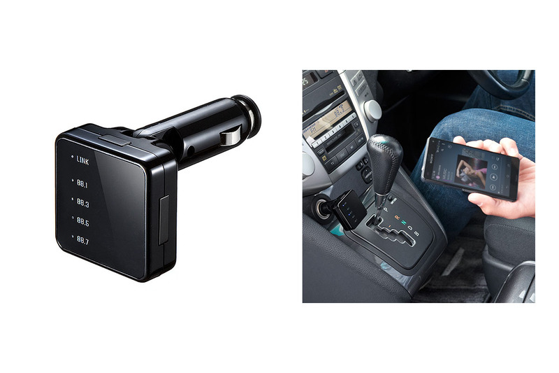 左は、周囲の音もイヤホンからの音も聞こえるambie「Ambie sound earcuffs」。右は、車載FMラジオからスマートフォンの音楽を流せるサンワダイレクト「FMトランスミッター BTF-340」。