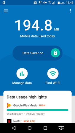 アプリトップ画面や「Manage Data」画面でデータセーバー機能のオンに。アプリごとにオンオフを切り替えることも可能