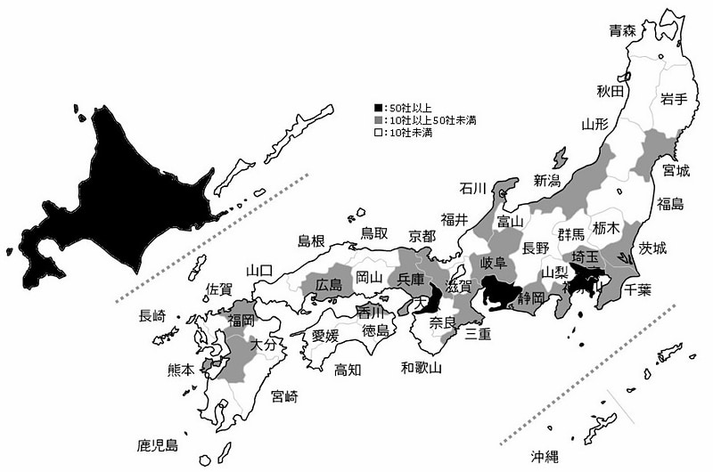 全国における通建業者の分布状況（出典：MCA）