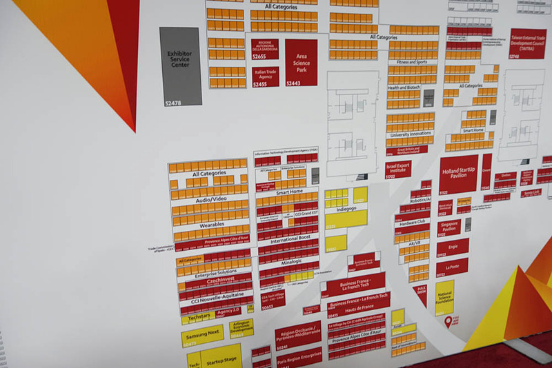 Eureka Parkのフロアマップ（一部）。オレンジが独立系、赤がパビリオン、黄色がスポンサー（Kickstarterとか）