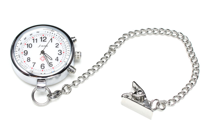 「電波式ナースウォッチ」の名前で流通している製品。文字盤と裏面にJ-AXISのロゴがあるので、サン・フレイム（<a href="http://www.sunflame.co.jp" class="strong bn" target="_blank">公式ページ</a>）の製品だと思われます。製品名のとおり、電波時計タイプのナースウォッチ。少々厚みがありますが（約11mm）、時刻合わせの手間がないのが魅力です。4時の位置のボタンを押すと、秒針が日付・曜日・午前/午後を指します。時針と分針に蓄光塗装が施されています。税込5378円で購入しました。