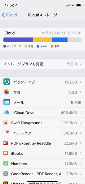 iCloudのストレージ。バックアップは古いiOSデバイスなどを消せば半分くらいになる