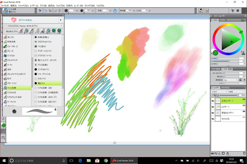 左は「SketchBook」アプリ（試用版）、右は「Corel Painter 2018」を使っている様子。どちらもほとんどストレスなく使えます。