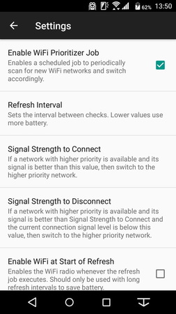 設定画面。「Signal Strength to Connect」と「Signal Strength to Disconnet」を設定することで、より安定して通信できるアクセスポイントに自動で切り替えてくれる