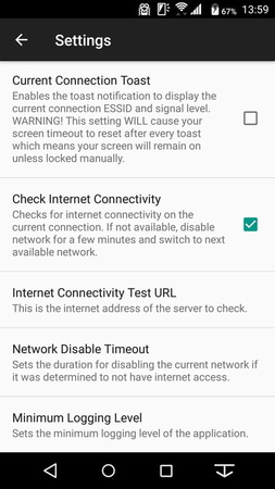 「Check Internet Connectivity」をオンにすると、データ受信できないアクセスポイントは自動で切断し、無効にする