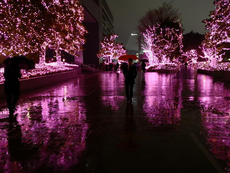大雨で路面に激しく反射するイルミネーション。モノクロだと“異常さ”が伝わりづらく構図の甘さが露呈する