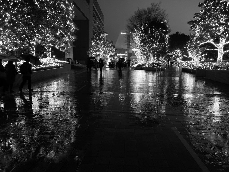 大雨で路面に激しく反射するイルミネーション。モノクロだと“異常さ”が伝わりづらく構図の甘さが露呈する