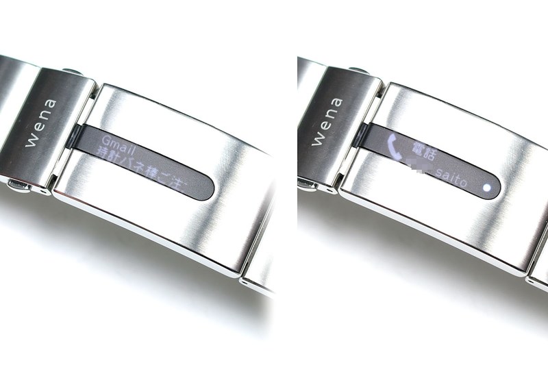 アプリでの設定に応じて、wena wrist proに通知が表示されます。もちろん通知時にバイブレーションも動作。ほか、簡単なボタン操作でバッテリー残量や電子マネー残高を表示させることができます。